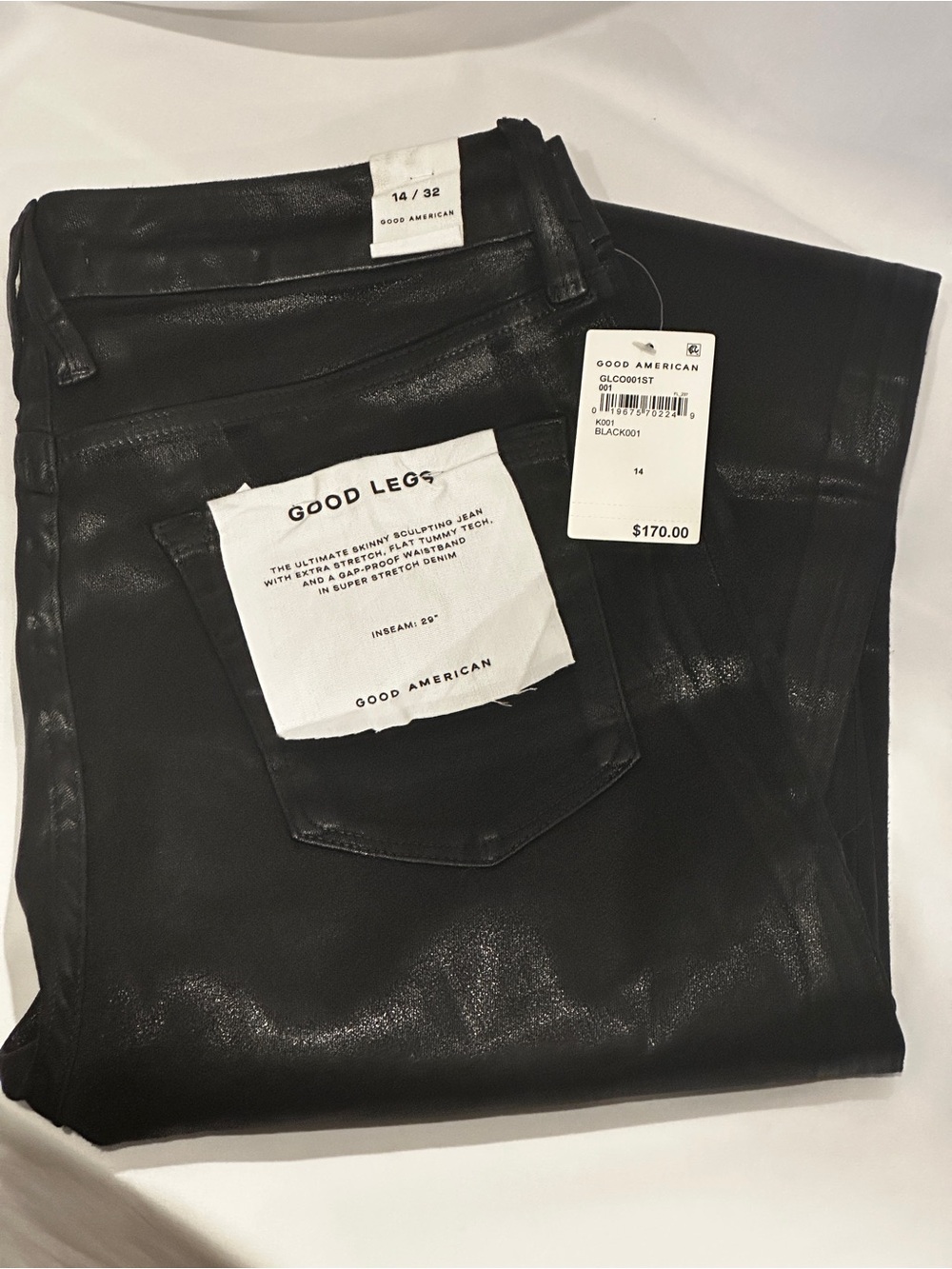 Good American Good Legs Black Coated Skinny Jeans Size 14/32 NWT High Rise Stret